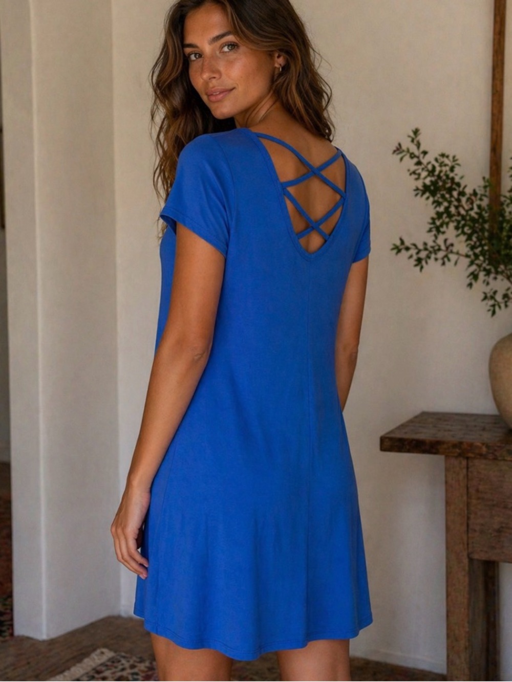 Blue short sleeve A-line dress criss cross back detail #summerdress #feminine